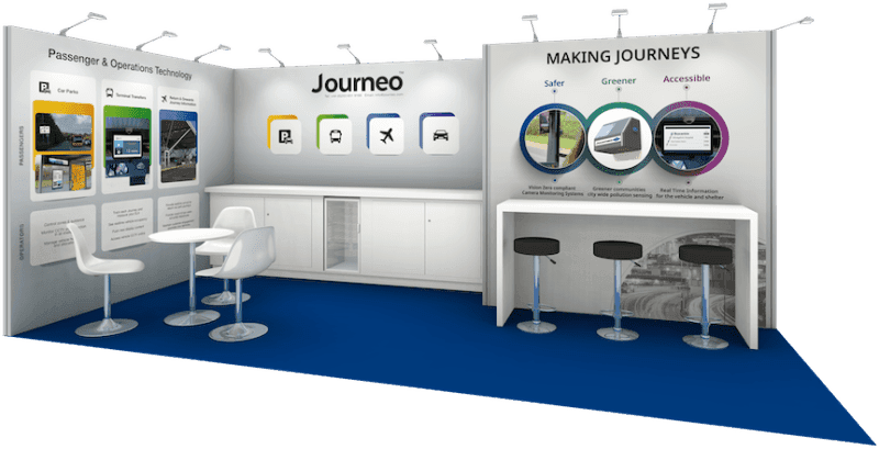 Example of a modular system exhibition stand layout with printed wall panels and a meeting area